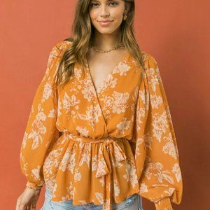 Ladies Floral Peplum Surplice Tied Belted Blouse - FINAL CLEARANCE